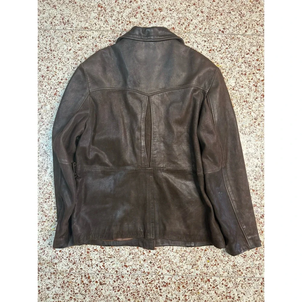 Oakwood Classic Mens Brown Leather Jacket Vintage Button Front Coat Large